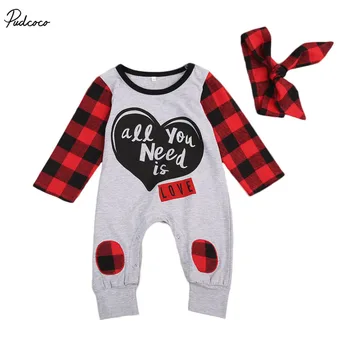 

All You Need Is Love Toddler Baby Boys Girls Plaid Long Sleeve Check Romper Jumpsuit Outfits Clothes