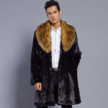 

High quality Luxury big fur collar Faux Fur long coat for Men Coat Winter Warm thicken fur Men's Coats Jacket
