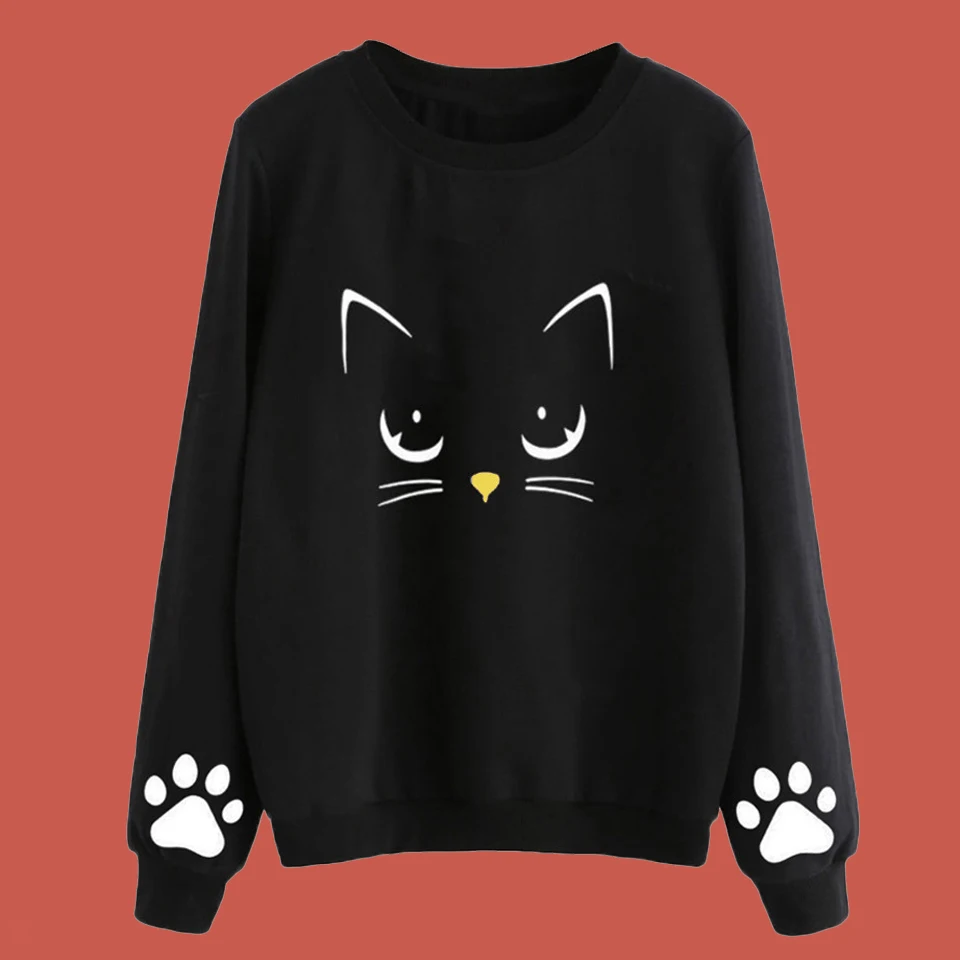 Толстовка Кот Kawaii Harajuku милые Для женщин толстовки Полерон Mujer 2019 свитшот с круглым вырезом цвет красного вина пуловер Cat лапы печати балахон