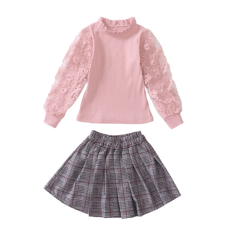

Fashion 2019 Children Girls Spring Fall Skirt Sets Solid Lace T-shirts + Plaid Skirts Kids Cotton Princess Clothing Sets 3-14Yrs