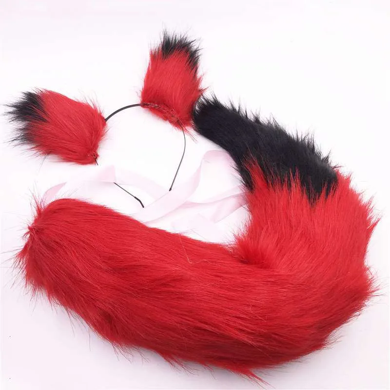 

Red Black Stitching Plush Fox Ears And Tail Anime Cosplay Stage Props