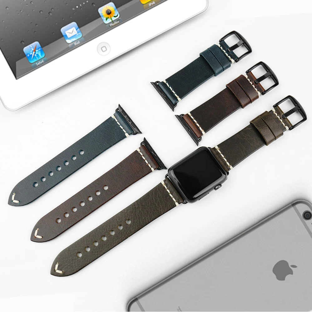 MAIKES Leather Strap Replacement For Apple Watch Band 44mm 40mm 42mm 38mm Series 4 3 2 iWatch Vintage Oil Wax Leather Watchband