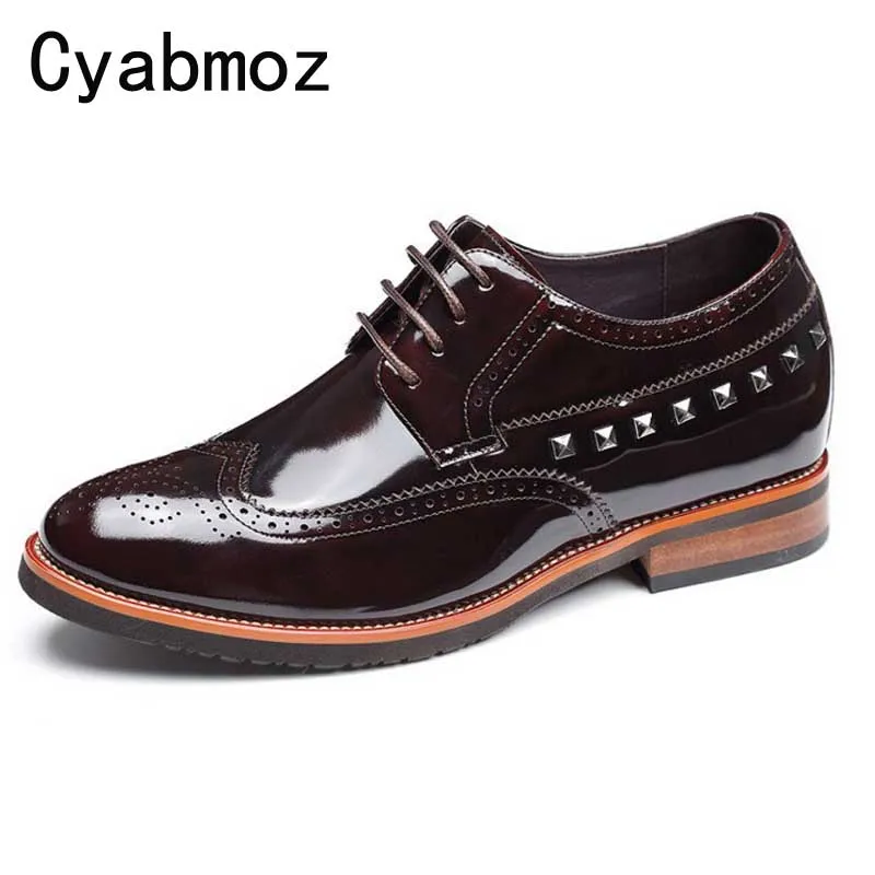 

Men's 100% Genuine Leather Dress Shoe Oxfords Height Increasing 7CM Elevator Brogues Shoes Men Rivets Luxury Wedding Party Shoes
