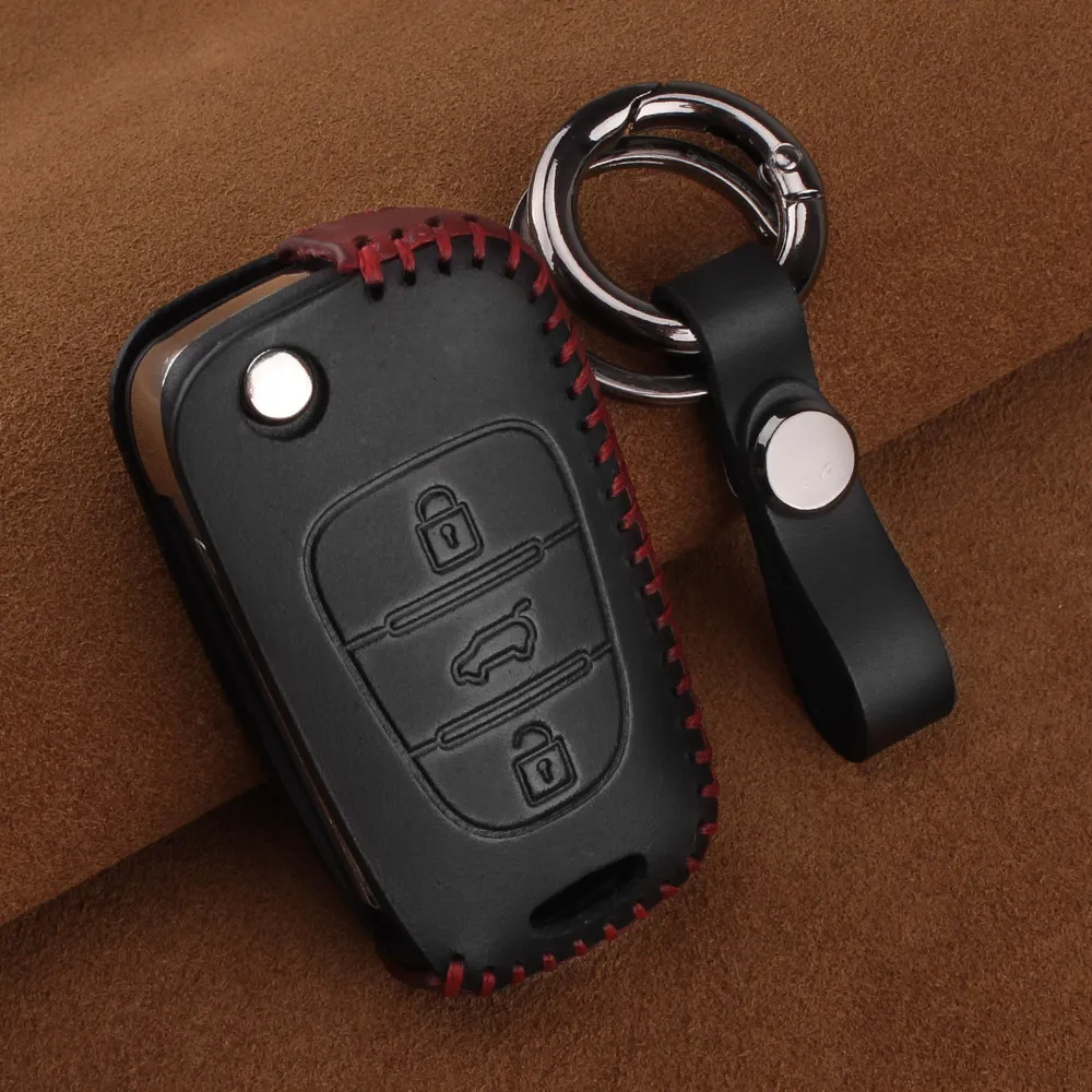 Dandkey Car Leather Key Cover Case 3 Button For Hyundai i20 i30 i35 iX20 iX35 Solaris Verna For Kia Rio K2 K5 Sportage Sorento - Название цвета: Черный