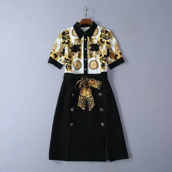 

European and American women's clothing 2019 new summer Short sleeve lapel Fashion print patchwork lace-up dress