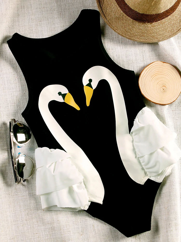 

Baby Girl Conjoined Black Swan Noble Temperament Bikini Bathing Suit Girls Swimwear Child 1-2-8-9 Years Children Beachwear