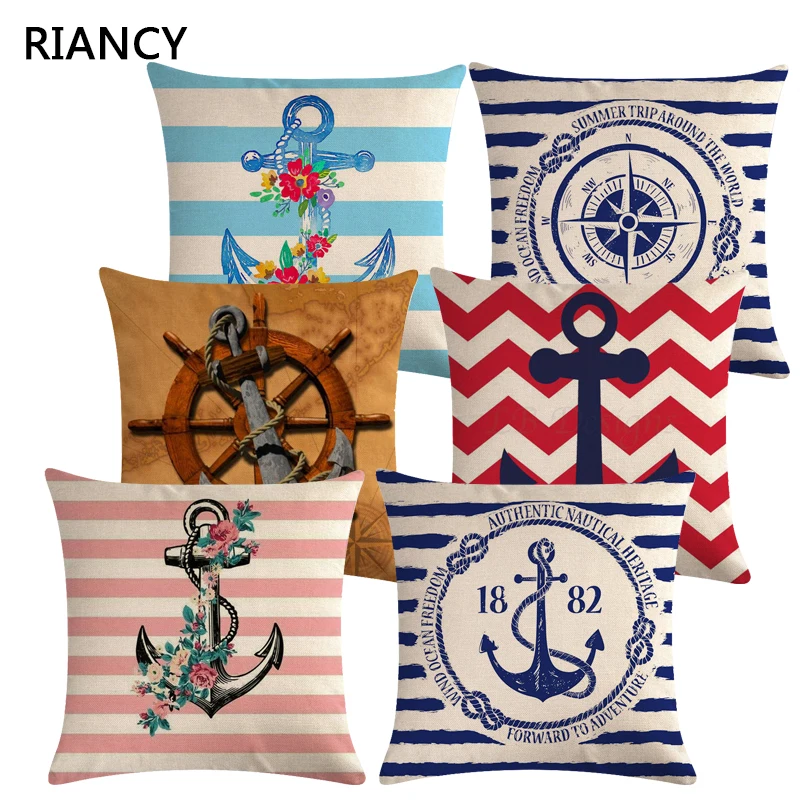

Stripe Ocean Anchor Sofa Decorative Cushion Cover Pillow Linen 45*45 Throw Pillow Home Decor Pillowcover 40621