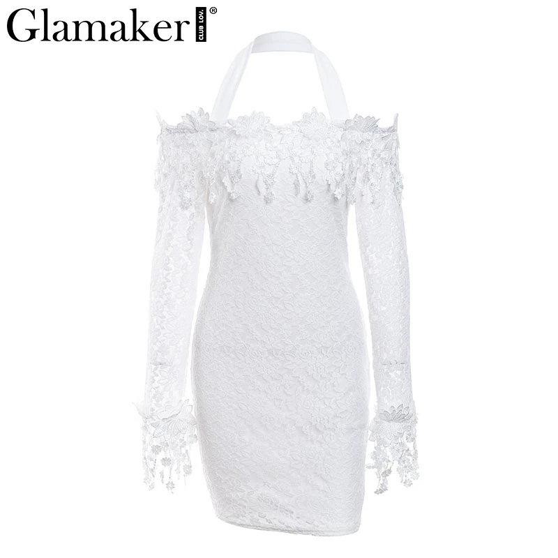 Glamake White lace halter bodycon dress Women off shoulder long sleeve sexy dress Elegant autumn party vintage mini dress winter
