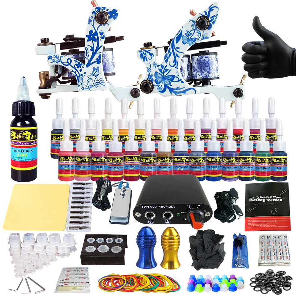 

Hybrid Complete Kit For Tattoo Liner and Shader Beginner Power Supply Foot Pedal Grips Needles Ink Set Tattoo Body&Art TK204-41