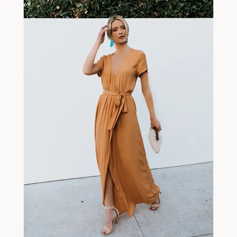 

2019 6 Colors Fashion Women Sexy Short Sleeves Maxi Dress Belt Solid Party Beach Dress Deep V Neck Split Long Dresses