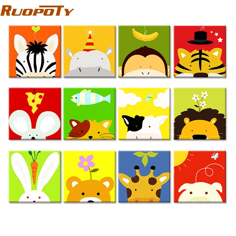

RUOPOTY Frame DIY Painting By Numbers Children Cartoon Animals Paint By Number Hand Painted Calligraphy Painting 20x20cm Artowrk