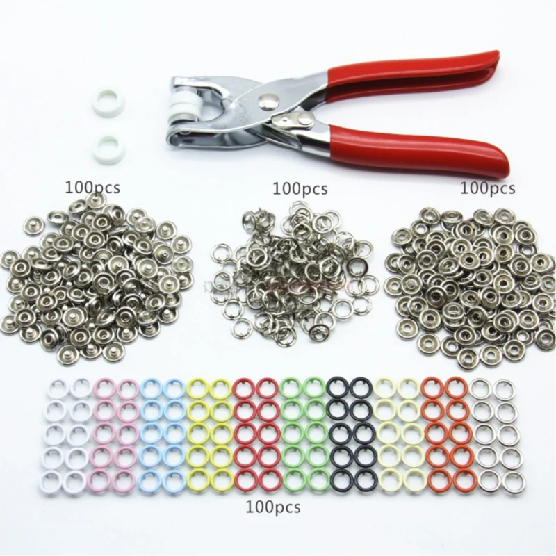 

9.5mm 100 Sets 10 Colors Metal Sewing Buttons Prong Ring Press Studs Snap Fasteners + Clip Pliers DIY Clothes Decoration New