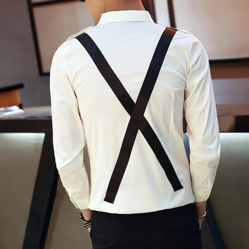 Men's shirt cotton solid color work casual Full sleeve Formal Personality strap nightclub shirt