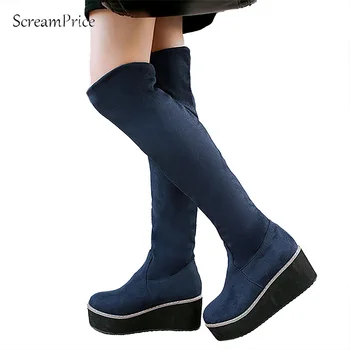 

New Fall fashion elastic knee boots Female platform boots Large size shoes women Motorcycle boots Black Blue Red
