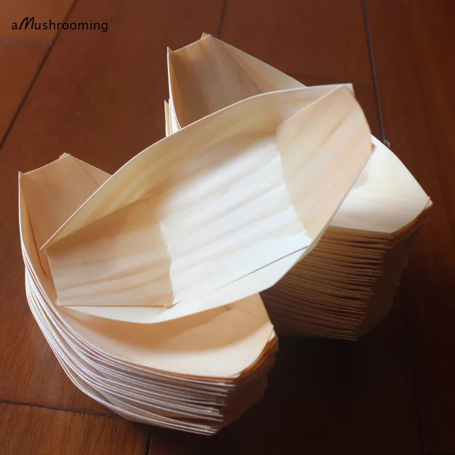 Disposable Wooden Plate Sushi Boat Food Tray 100 Wood