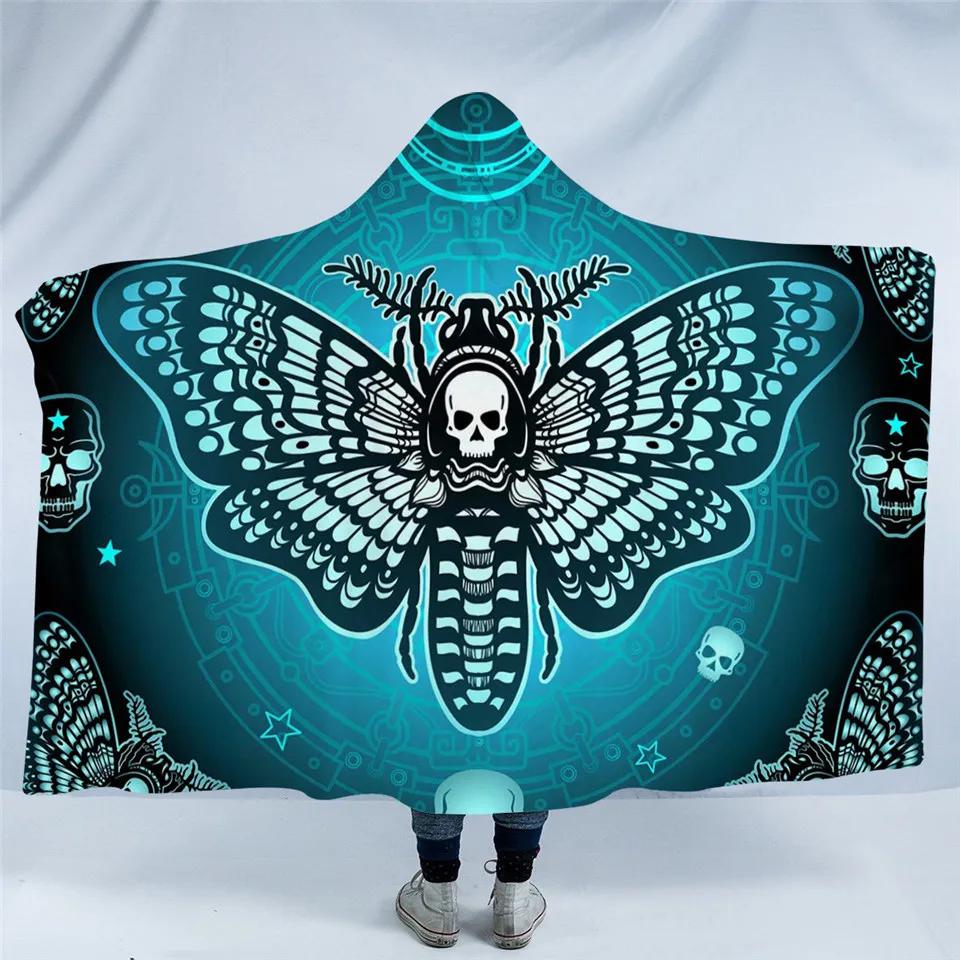 Death Moth Hooded Blanket Gothic Skull Blue Stars Sherpa Fleece