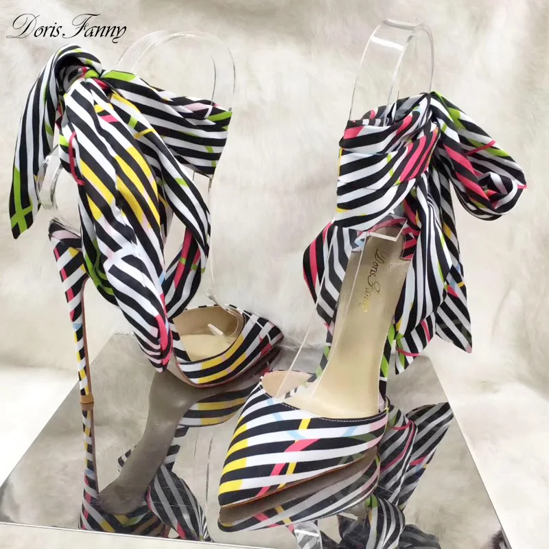 Doris Fanny 2019 New Arrival Summer ladies high heels printed Ankle strap Silk Women Heels Wedding Party Shoes