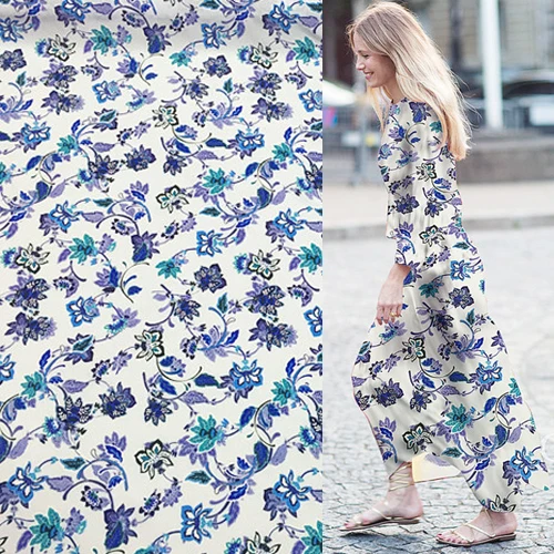 

100% silk Crepe DE chine fabric blue and purple middle size floral print,SCDC748