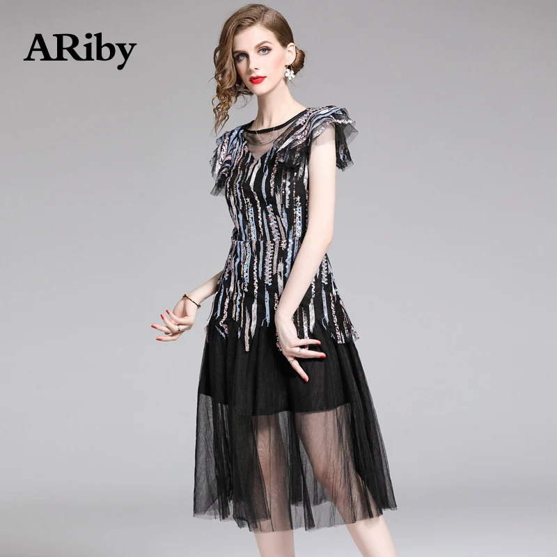 ARiby 2019 Summer New Fashion Women Dress Office Lady Elegant Mesh Flounces Stitching O-Neck Short Sleeve A-Line Dress Plus Size