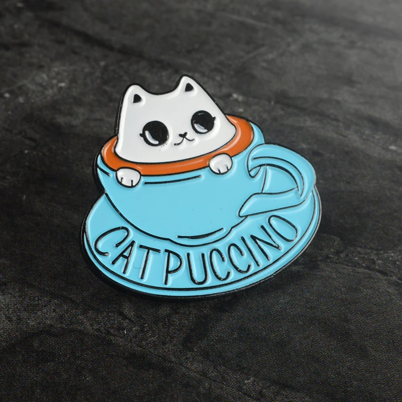 

Cat in the Coffee cup Brooch Pin Cartoon Cute Animal Kitten Enamel pin Button Badge Brooch for Women Men Hat Bag Accessories