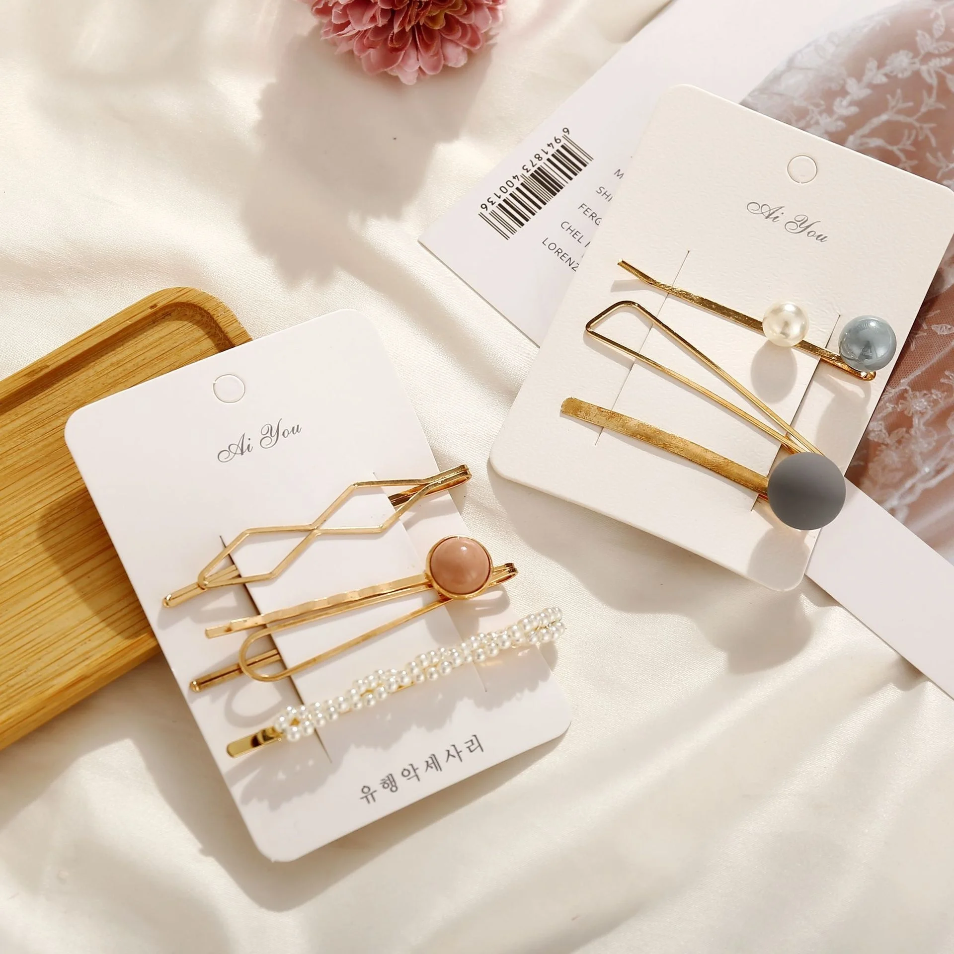 

New Hair Clips Ins Net Red Simple Retro Geometric Metal Winding Pearl Epoxy Hairpin Set