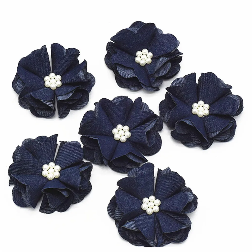 

20pcs/lot 2.5''denim fabric Flower For Woman Kids Rhinestone Pearl Without Clips DIY Hair Accessories for Newborn