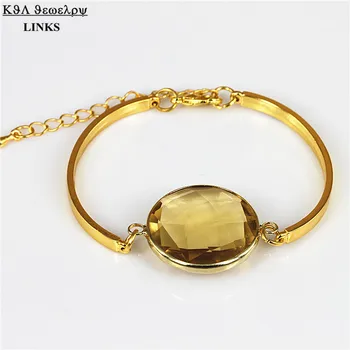 

Yellow Bezel Faceted Quartz Stone Bangle Crystal Gem Glass Stone Round Beads Gold Chain Bracelets for Women Pulseras Mujer