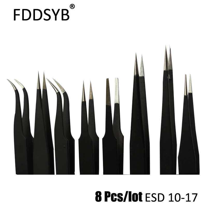 

Free Shipping Good Quality Anti-static ESD 10-17 Tweezers Set For Soldering Station Welding Assist Tools 8pcs/lot