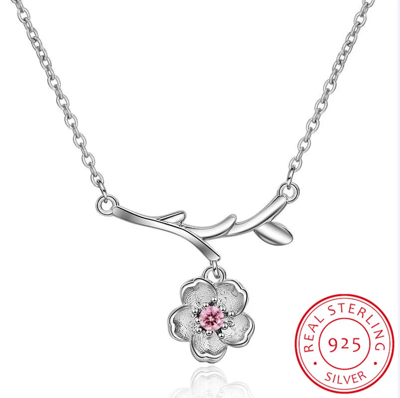 

925 Sterling Silver Sakura Flower Necklaces & Pendants Cherry Blossoms With Chain Choker Necklace Jewelry Collar Colar