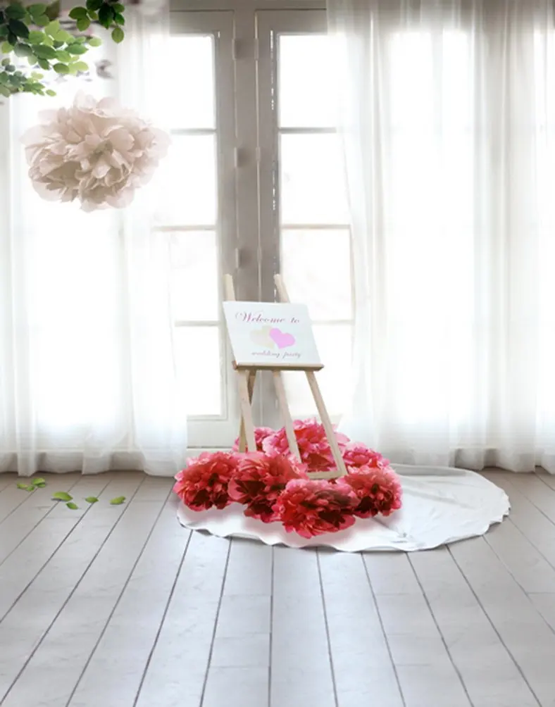 

5x7ft Wooden Floor Red Pink Flowers Photography Backdrops Photo Props Studio Background