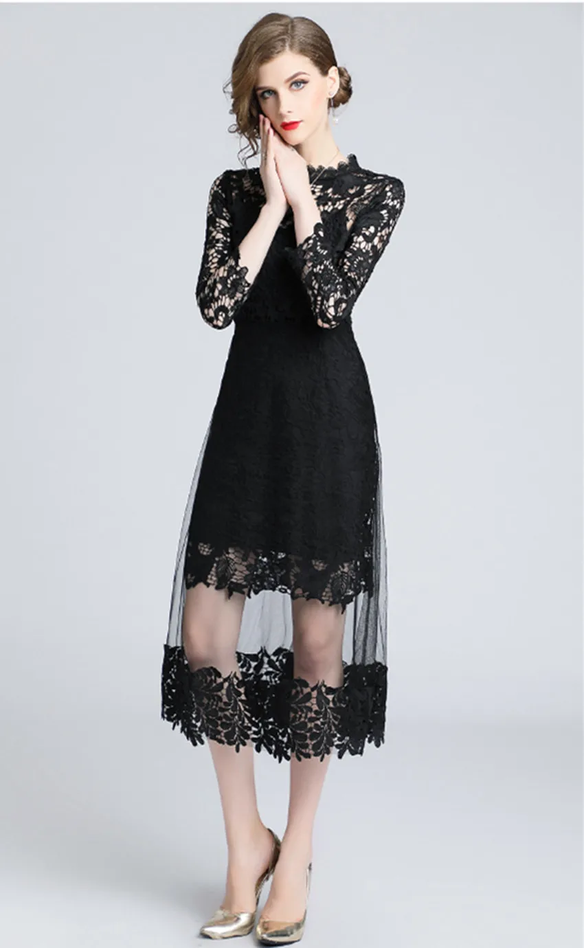 JSXDHK Осенняя черная сетка пэчворк кружевные вечерние платья Vestido Женские с