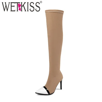 

WETKISS Over The Knee Boots Knitting Women Leather High Heels Boots Shoes Stiletto Autumn 2018 Ladies Shoes Pointed Toe Footwear