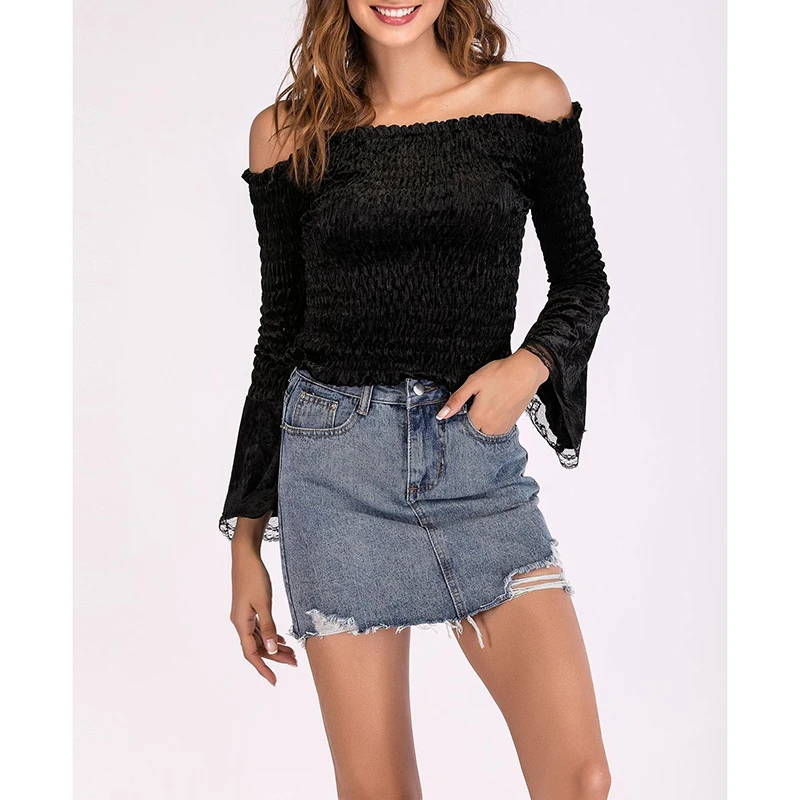 Women Velvet Lace Blouse Spring Off Shoulder Long Sleeve Slim Shirt Casual Solid Ladies Blusas Tops Female SJ764S |