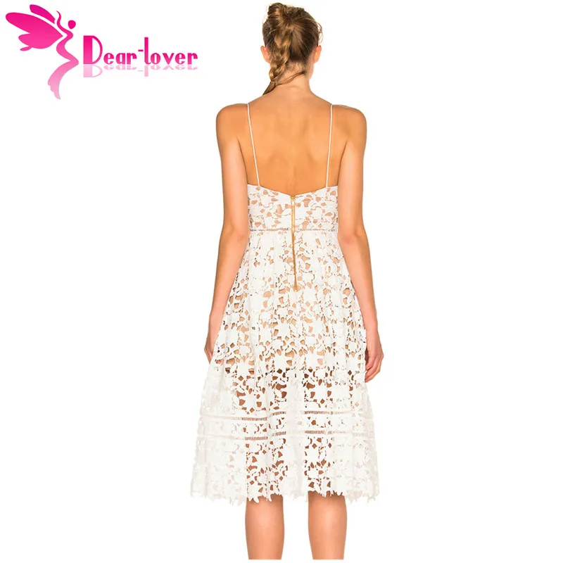 Dear Lover Party Dresses Womens Elegant Sexy spaghetti strap Lace Hollow Out Nude Illusion Mid-Calf Dress Vestido de Renda 61636