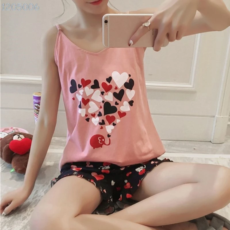 Women Girls Summer Pajamas Set V-Neck Padded Camisole Ruffles Shorts Sleepwear Cute Rabbit Love Heart Floral Sling Loungewear | Женская