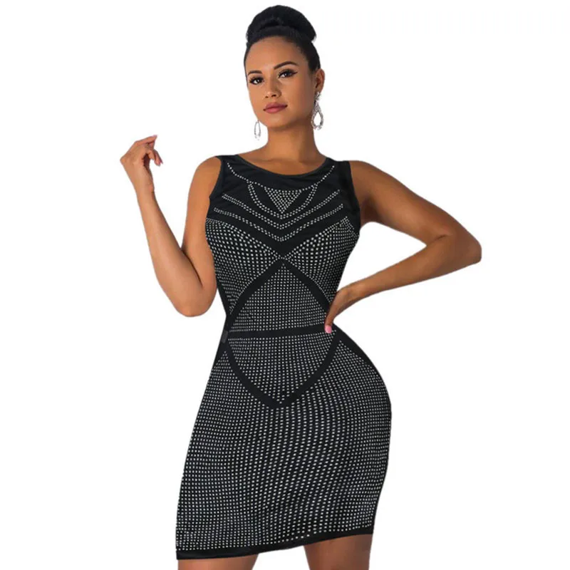 

Sparkly Rhinestones Black Bodycon Dress 2019 Women O-neck Sleeveless Mesh Geometrical Elegant Festival Club Short Party Dresses