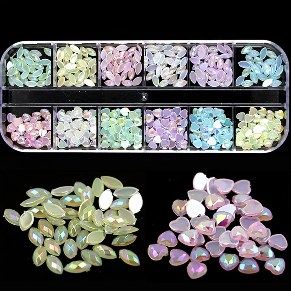 

12 Grids / Set Nail Drill Jelly AB Fantasy Color Nail Diamonds Horse eye Peach Heart Satellite Rhinestones Nail Decoration DK957