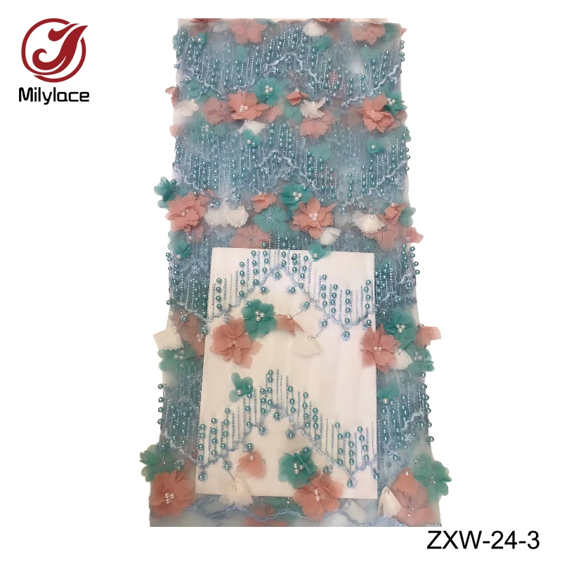

3d flower beads tulle lace fabric high quality african lace fabric embroidery french tulle lace fabric for wedding ZXW-24