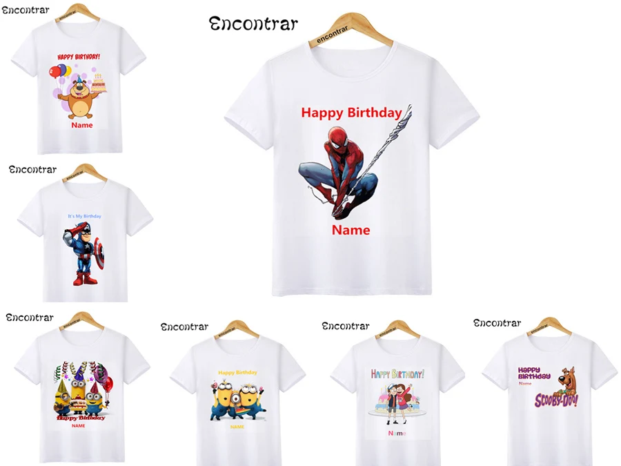 Детские топы с круглым вырезом и надписью Happy Birthday NAME футболка героями