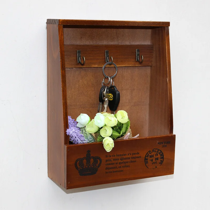 1 шт., американская креативная коробка для хранения мелочей, винтажная настенная вешалка, деревянные стойки Zakka, три крючка, ретро-органайзер, JL 090