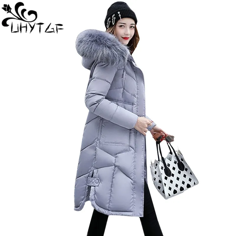##BUY UHYTGF Fur collar Winter Coat Womens Down Cotton Thicken Hooded Warm Jacket Ladies Long Bread service Plus size Parka Women 620