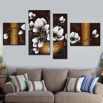

Elegant Wall Art Decorative Pictures Modern Abstract Oil Paintings White Flower in Pot 4 Panel Set On Canvas Pictures Unframed