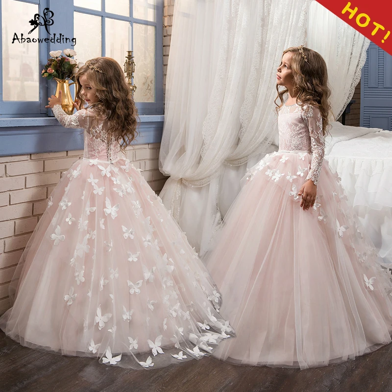 Holy Communion Dresses Ball Gown Long Sleeves Lace Back Button Solid O-neck Flower Girl Vestido De Daminha New Arrival | Детская одежда