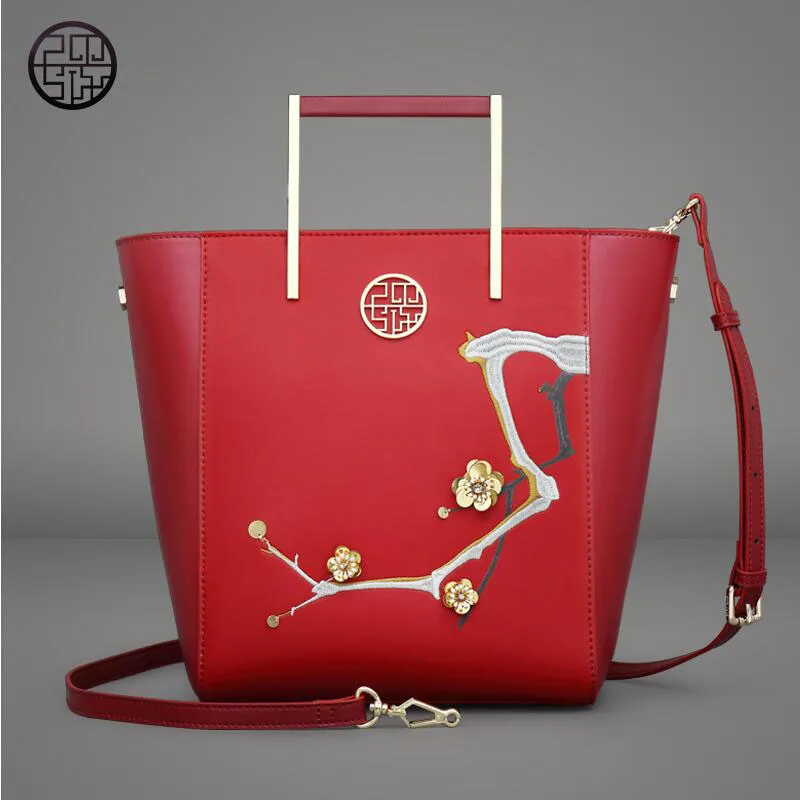 free delivery  Split Leather women bag   2017 new Chinese style messenger bag Fashion embroidery beads handbag Plum bucket bag