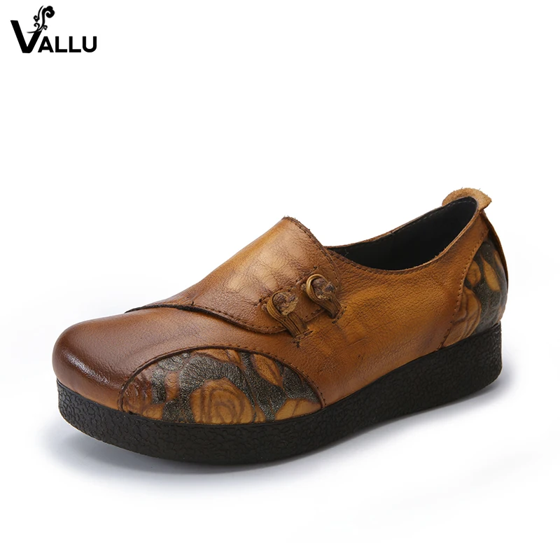 

2018 Retro Flats Lady Handmade Round Toe Embossed Flower Women Flat Shoes Natural Leather Female Elegant Footwear Shoes