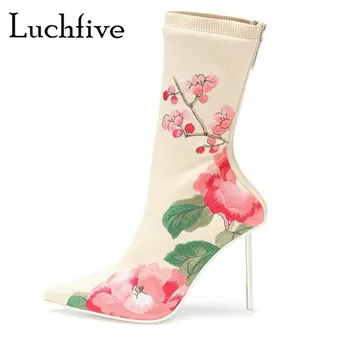 

Stretch Fabric Flower Printed Sock Boots Women Thin High Heels Pointed Toe Beige Ankle Boots Elastic Runaway Zipper Shoes Woman