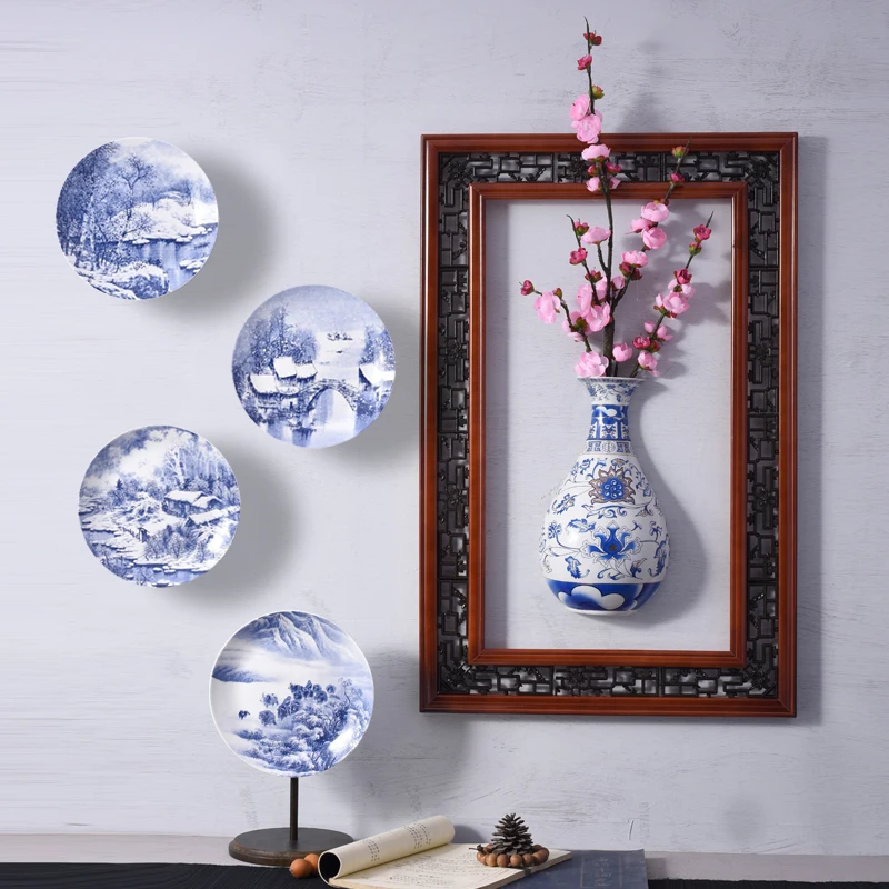 Китайский стиль, синий и белый фарфор, тарелка, украшение на стену, ручная роспись, пейзаж, узор, Настенное подвесное блюдо, ваза для цветов, ремесла