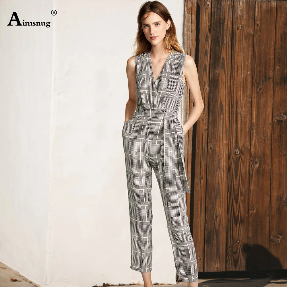 

Aimsnug office Lady Sleeveless Belted Straight Plain Jumpsuit 2019 autumn Summer V Neck High Waist Laceing Workwear Jumpsuits