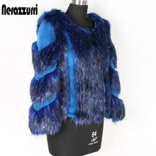 Nerazzurri Winter fox fur and rex rabbit fur color block patchwork fake fur jacket blue short warm big size faux fur coat women