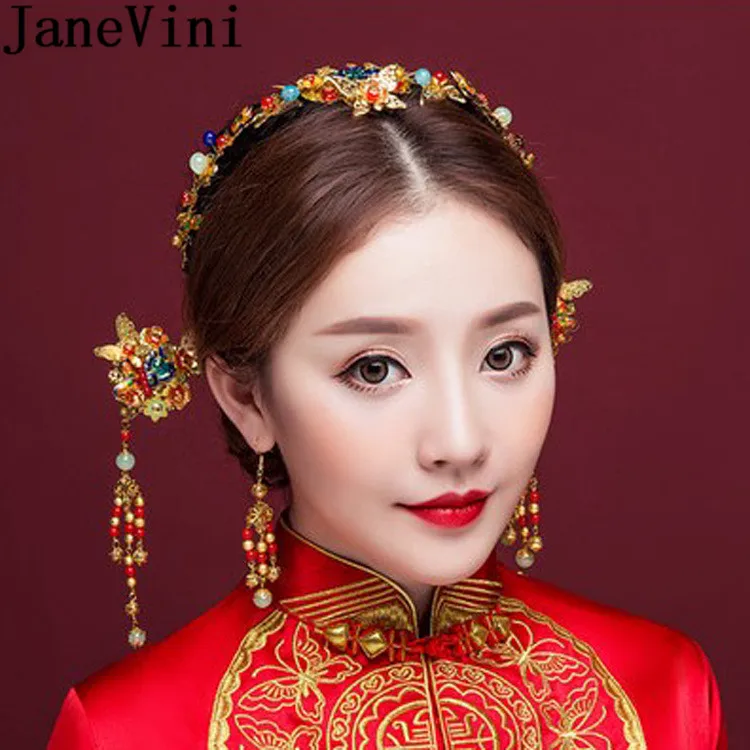 

JaneVini Wedding Chinese Bride Headband Metal Gold Hairpins Traditional Costume Pageant Headdress Set wedding Hair Accessories